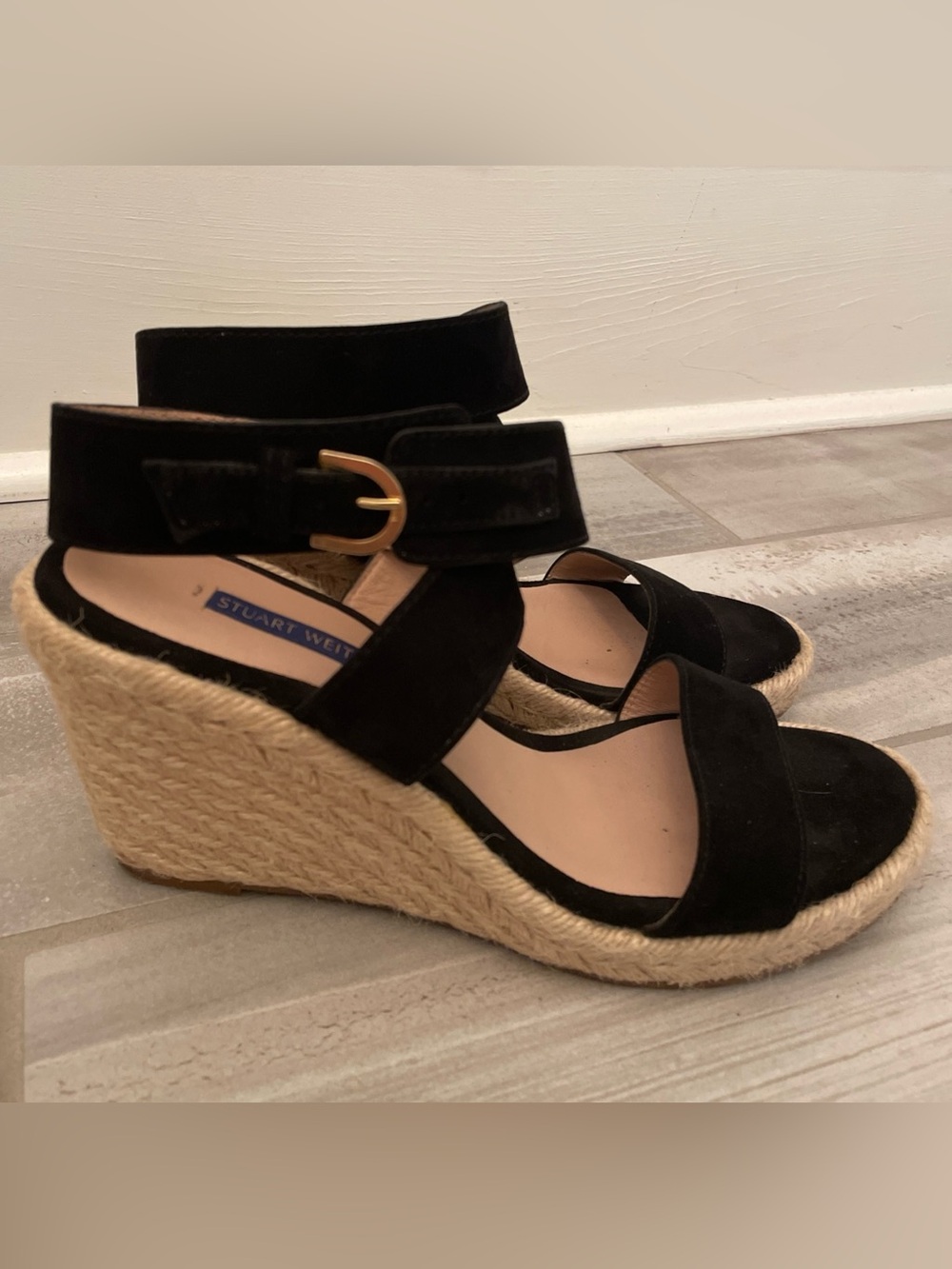 Stuart Weitzman Black Suede Wrap Ankle Buckle Strap Espadrille Wedge Sandals 7